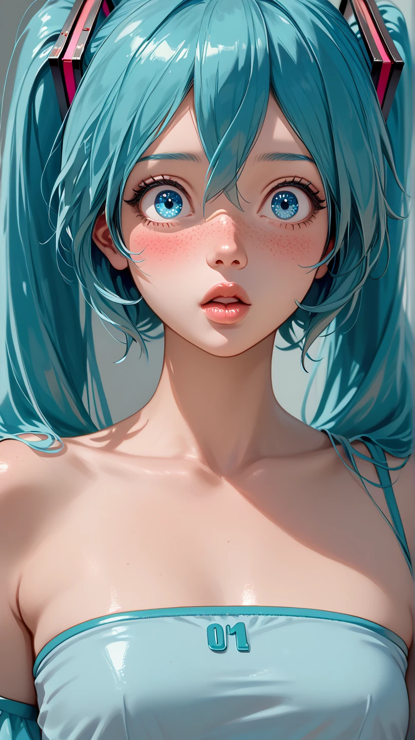 (masterpiece, highres, high resolution:1.2), anime 20 yo girl, hatsune miku from vocaloid, blue hair, blue eyes, portrait, shoulders up, illustration. drawn, blushing, solo, surprised, freckles, big lips,small breasts, perfect body, wearing a tube top, no hands.