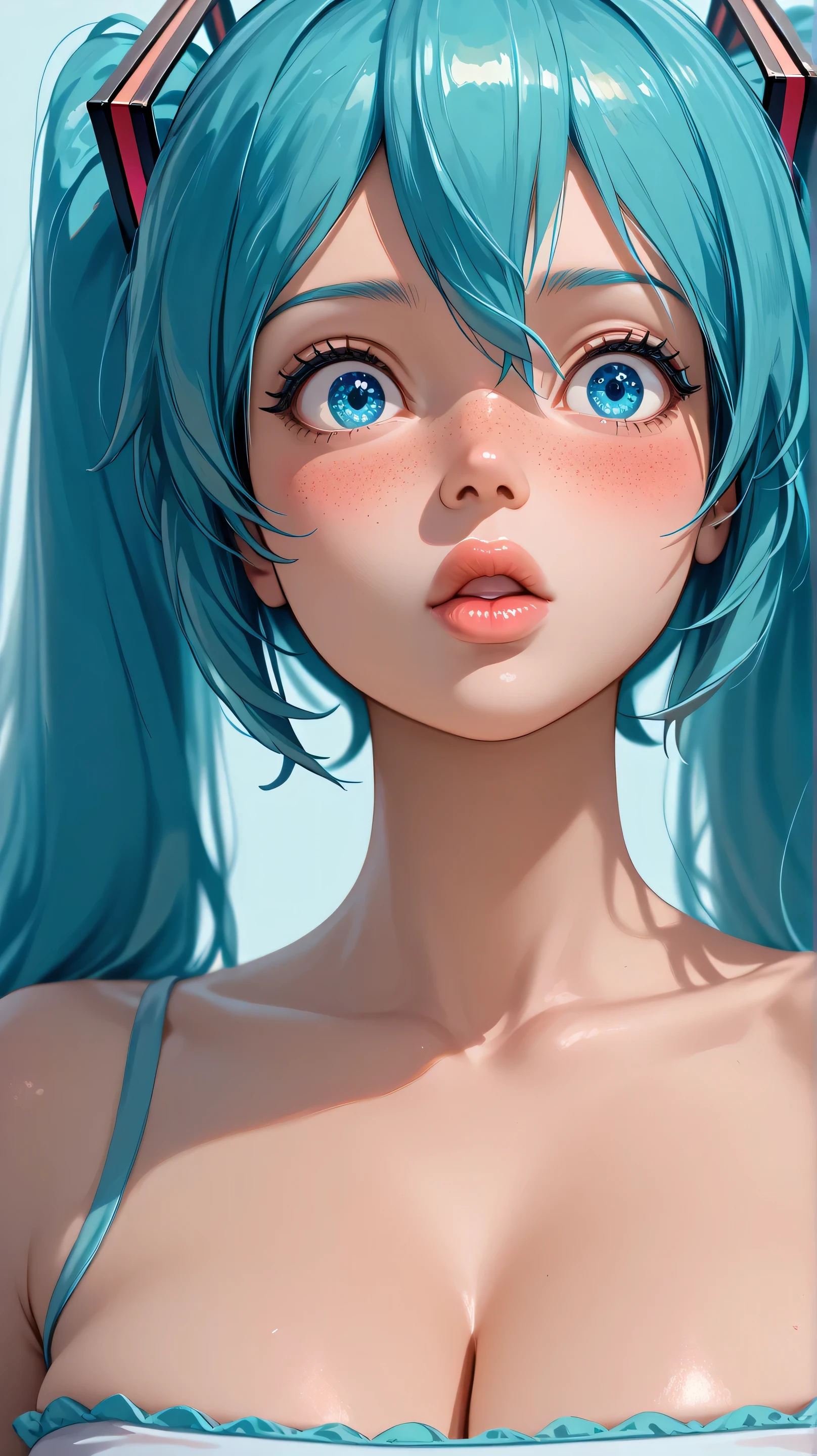 (masterpiece, highres, high resolution:1.2), anime 20 yo girl, hatsune miku from vocaloid, blue hair, blue eyes, portrait, shoulders up, illustration. drawn, blushing, solo, surprised, freckles, big lips, huge breasts, perfect body, wearing a tube top, no hands.