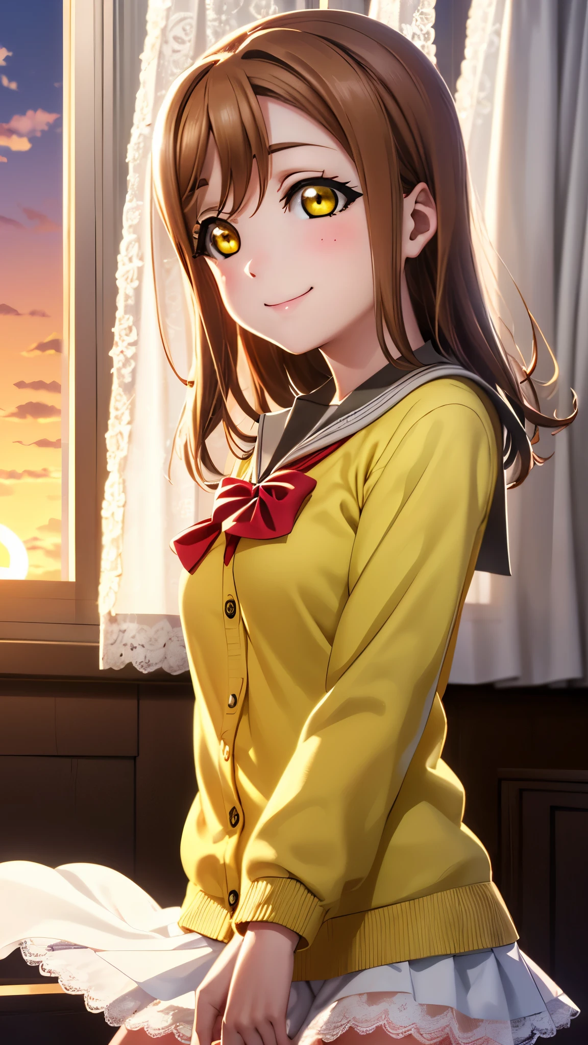 Hanamaru Kunikida, Hanamaru Kunia    ,  long hair, bangs, Brown Hair, ( yellow eyes:1.3),
 school uniform, Sera Clothing   ,  Cardigan, uranohoshi  school uniform, yellow  Cardigan, break (masterpiece:1.2),  top quality ,  high res, unity 8k wallpaper, ( illustration:0.8), ( beautiful detailed eyes:1.6),  Extremely Exquisite Face ,  perfect lighting,  extremely detailed CG, (perfect hand,  Perfect Anatomy), ((Libraries)) , blush,  smiling, ((( lace curtains fluttering in the wind))),(((Sunset library ))), soft light, indoor