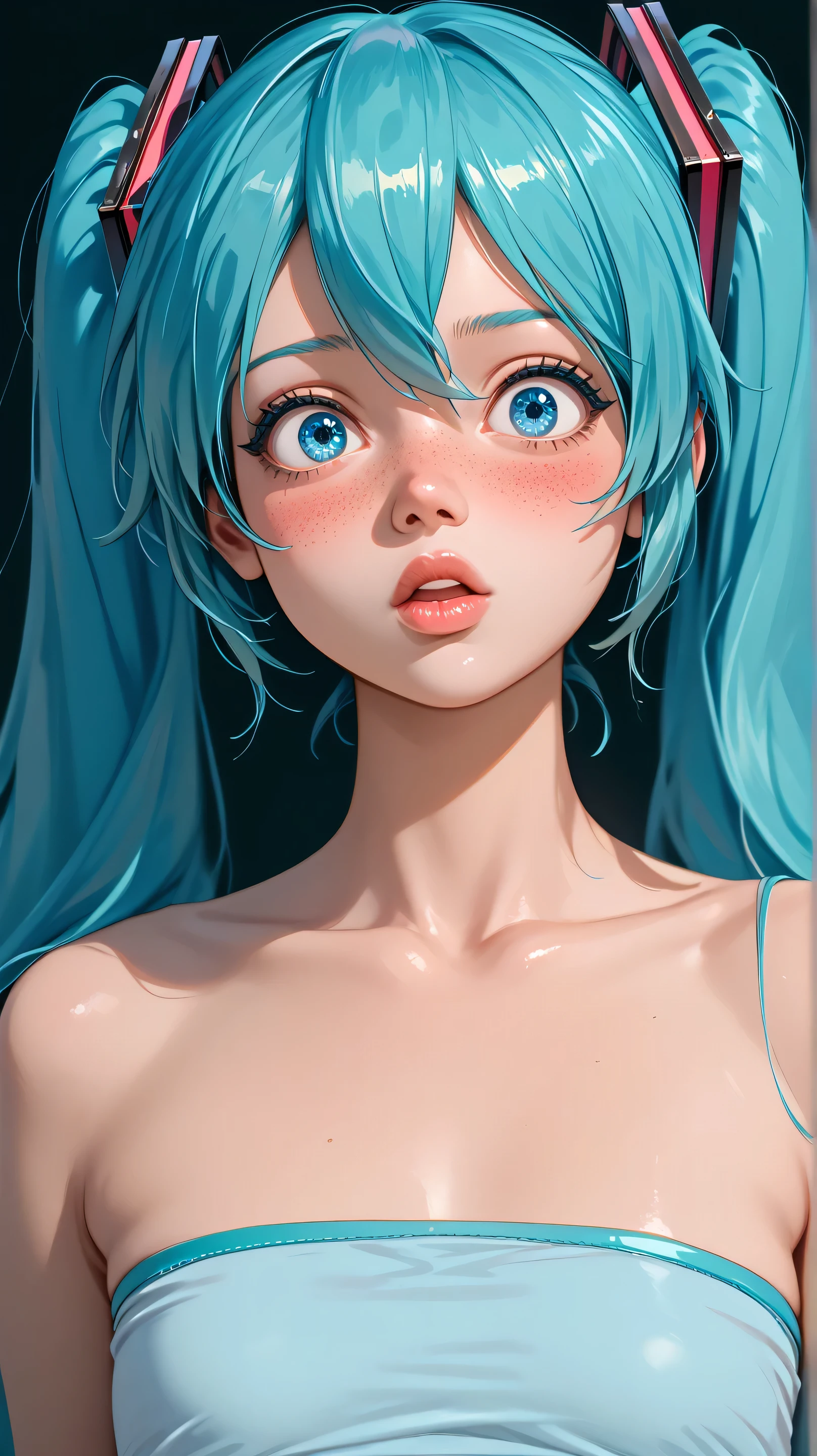 (masterpiece, highres, high resolution:1.2), anime 20 yo girl, hatsune miku from vocaloid, blue hair, blue eyes, portrait, shoulders up, illustration. drawn, blushing, solo, surprised, freckles, big lips,small breasts, perfect body, wearing a tube top, no hands.