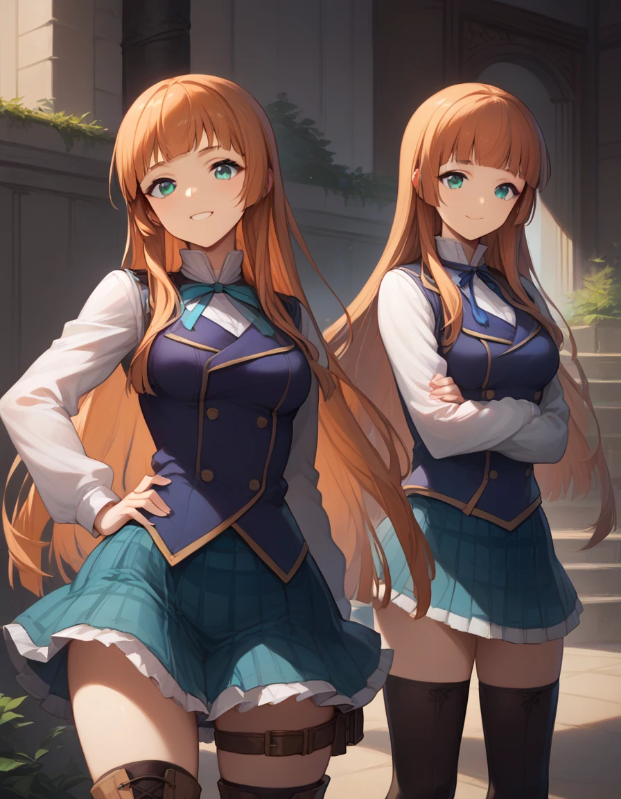 score_9,score_8_up,score_7_up,score_6_up BREAK official art,solo,outdoors,upper body,(portrait:1.5),looking at viewer,facing viewer,smile,Anne(snb),Anne uniform,very long hair,orange hair,hime cut,floating hair,sidelocks,blunt bangs,aqua eyes,school uniform,blue neck ribbon,blue vest,white shirt,buttons,long sleeves,hand on hip,medium breasts,brown belt,belt buckle,miniskirt,blue skirt,plaid skirt,frilled skirt,pleated skirt,zettai ryouiki,thigh strap,black thighhighs,thighhighs under boots,cross-laced footwear,brown footwear,