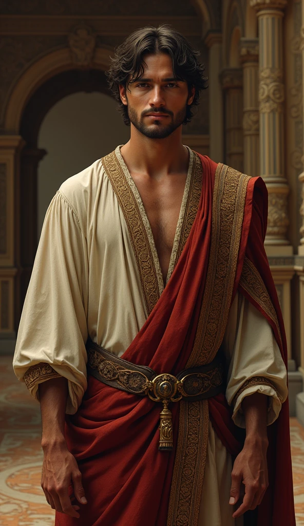 A sexy man, 15th centuries ,wearing old and worn-out peasant clothes, handsome face, mediaeval period,black hair , homoerotic,   , looking at camera, seductively