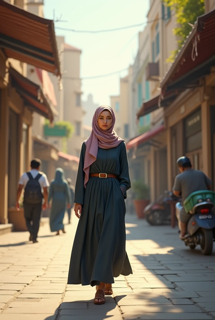 Create an image in which a girl in hijab and abaya is going to college and 2 boys are staring at her with lust in ratio of YouTube short 