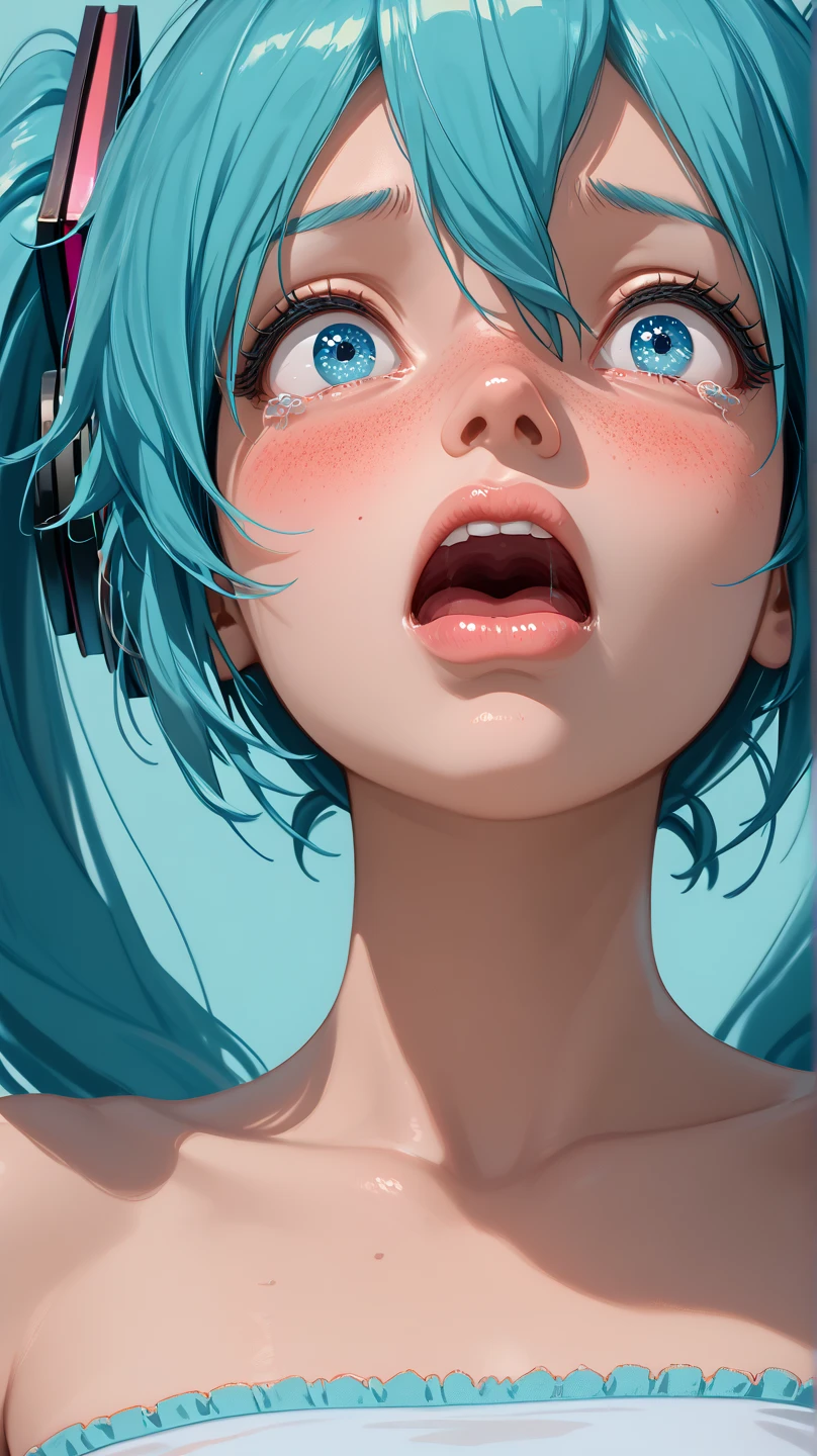 (masterpiece, highres, high resolution:1.2), anime 20 yo girl, hatsune miku from vocaloid, blue hair, blue eyes, portrait, shoulders up, illustration. drawn, blushing, solo, scared, horrified, screaming, freckles, big lips,small breasts, perfect body, wearing a tube top, no hands.