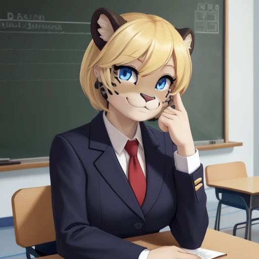   high res 、  high res 、 High image quality 、masterpiece、 one beautiful woman inside the aquarium building  、２５age、 school teacher 、 blondes、 blue eyes、Navy Suit、 school classroom、  Cute Poses 、 blackboard 、smile、(( depicting only the upper body ))、(( woman with a panther face ))