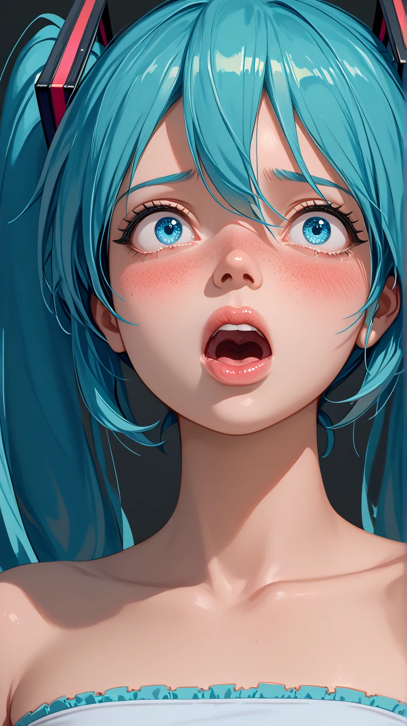 (masterpiece, highres, high resolution:1.2), anime 20 yo girl, hatsune miku from vocaloid, blue hair, blue eyes, portrait, shoulders up, illustration. drawn, blushing, solo, scared, horrified, screaming, freckles, big lips,small breasts, perfect body, wearing a tube top, no hands.