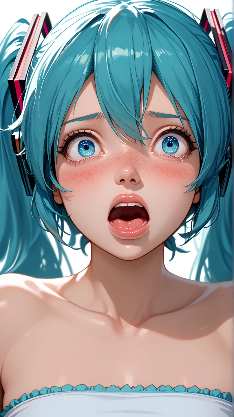 (masterpiece, highres, high resolution:1.2), anime 20 yo girl, hatsune miku from vocaloid, blue hair, blue eyes, portrait, shoulders up, illustration. drawn, blushing, solo, scared, horrified, screaming, freckles, big lips, huge breasts, perfect body, wearing a tube top, no hands.