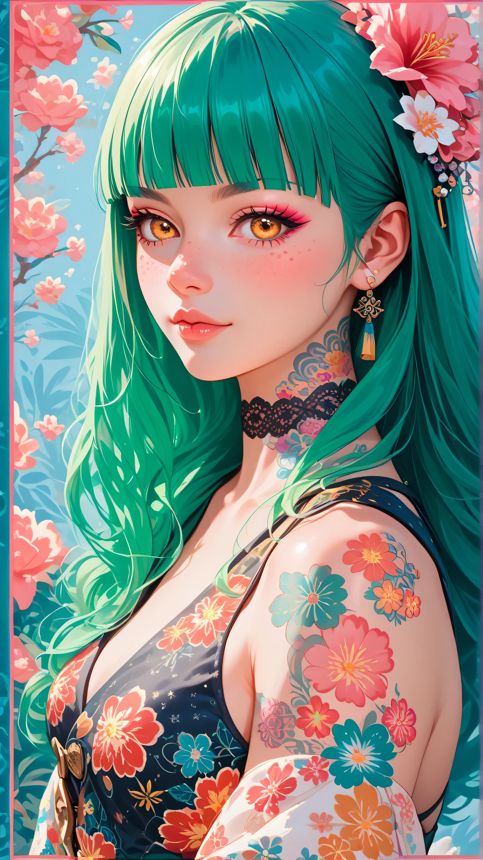 A mesmerizing surreal illustration of a young japanese woman. She has pastel green hair with blunt bangs, yellow eyes, and wears a vibrant pastel colored outfit adorned with intricate floral patterns. Freckles dot her smooth, warm complexion, and bold, colorful tattoos cover her arms and legs. The tattoos feature traditional Japanese motifs like flowers and mythical creatures, rendered with meticulous detail in a pastel color palette. The background is a vintage floral-patterned wallpaper that complements the artwork's colors. The line work is precise, with delicate shading that gives the illustration a 3D quality. The artwork fuses modern illustration techniques with traditional Japanese aesthetics, resulting in a visually striking, portrait,
