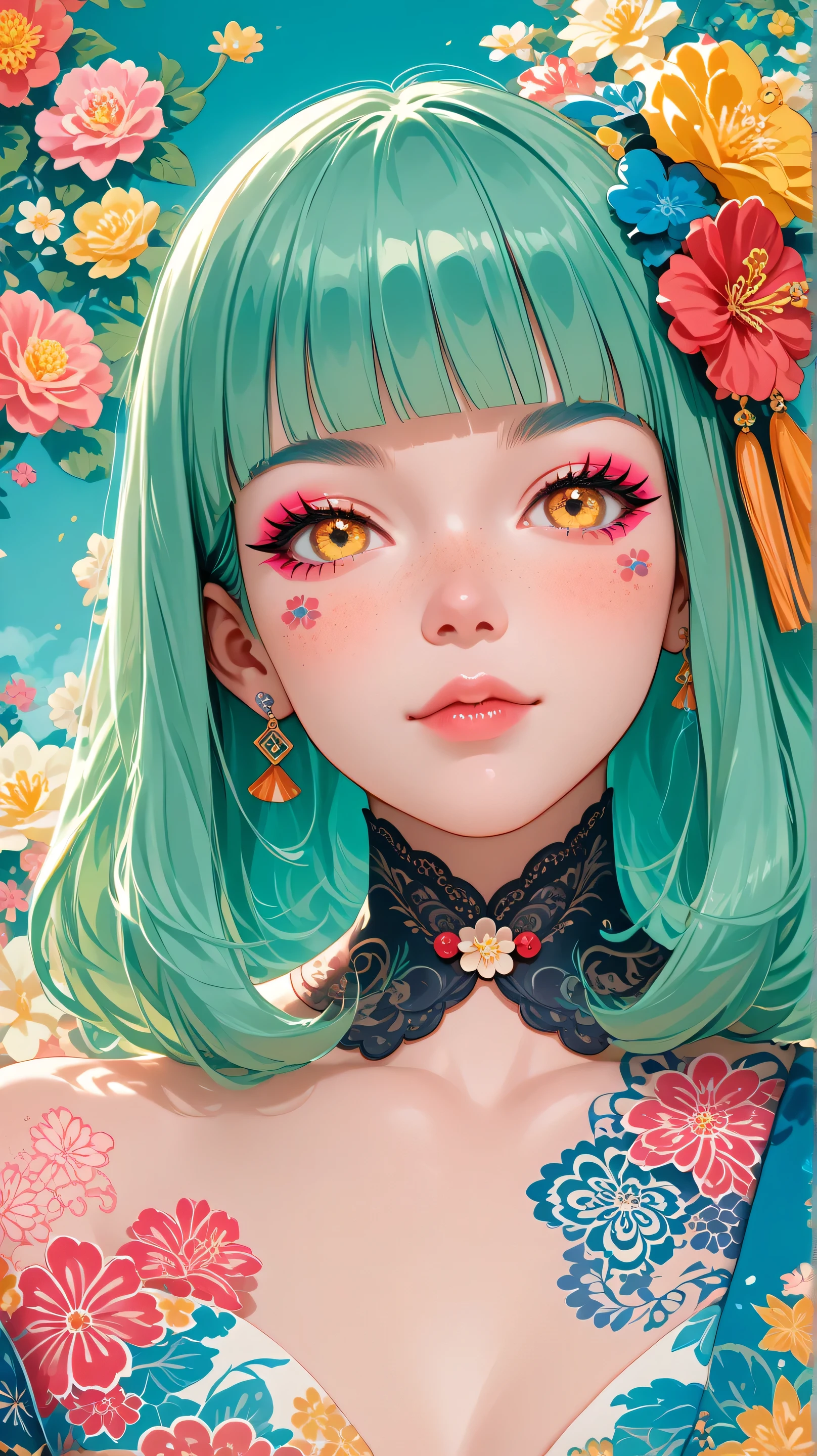 A mesmerizing surreal illustration of a young japanese woman. She has pastel green hair with blunt bangs, yellow eyes, and wears a vibrant pastel colored outfit adorned with intricate floral patterns. Freckles dot her smooth, warm complexion, and bold, colorful tattoos cover her arms and legs. The tattoos feature traditional Japanese motifs like flowers and mythical creatures, rendered with meticulous detail in a pastel color palette. The background is a vintage floral-patterned wallpaper that complements the artwork's colors. The line work is precise, with delicate shading that gives the illustration a 3D quality. The artwork fuses modern illustration techniques with traditional Japanese aesthetics, resulting in a visually striking, portrait,
