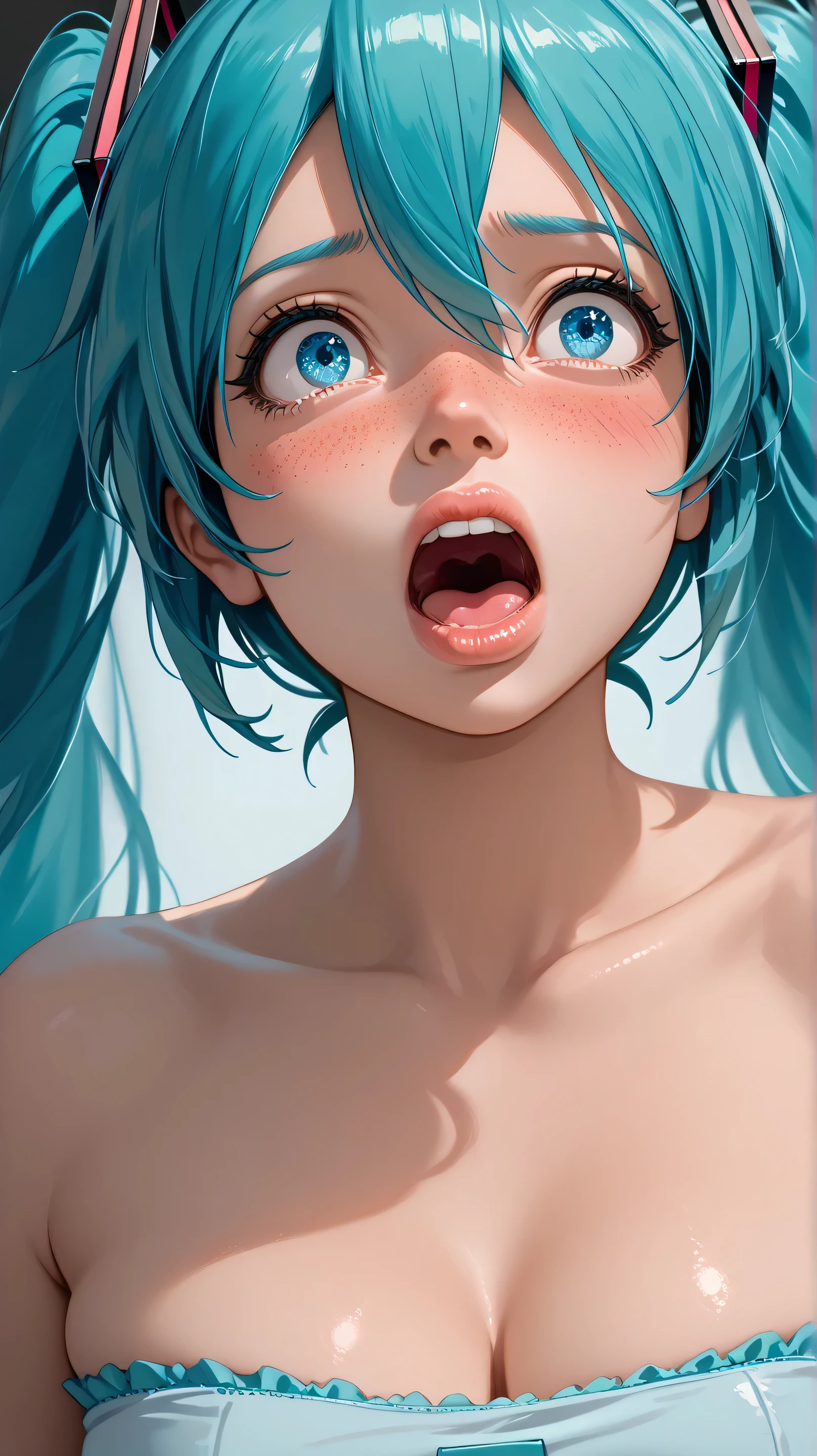 (masterpiece, highres, high resolution:1.2), anime 20 yo girl, hatsune miku from vocaloid, blue hair, blue eyes, portrait, shoulders up, illustration. drawn, blushing, solo, scared, horrified, screaming, freckles, big lips, huge breasts, perfect body, wearing a tube top, no hands.