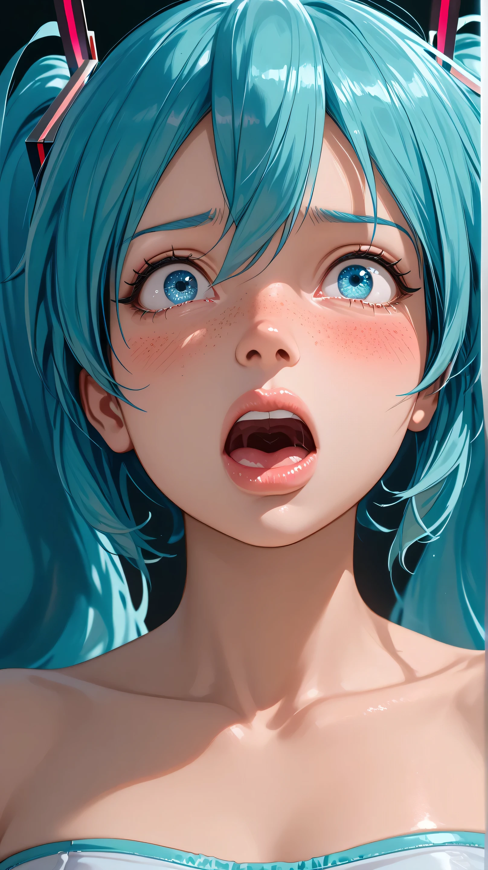 (masterpiece, highres, high resolution:1.2), anime 20 yo girl, hatsune miku from vocaloid, blue hair, blue eyes, portrait, shoulders up, illustration. drawn, blushing, solo, scared, horrified, screaming, freckles, big lips, huge breasts, perfect body, wearing a tube top, no hands.