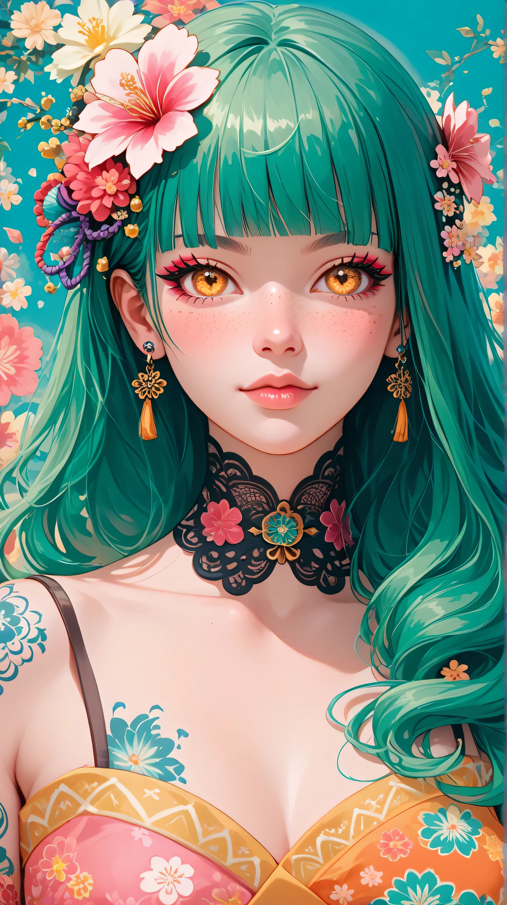 A mesmerizing surreal illustration of a young japanese woman. She has pastel green hair with blunt bangs, yellow eyes, and wears a vibrant pastel colored outfit adorned with intricate floral patterns. Freckles dot her smooth, warm complexion, and bold, colorful tattoos cover her arms and legs. The tattoos feature traditional Japanese motifs like flowers and mythical creatures, rendered with meticulous detail in a pastel color palette. The background is a vintage floral-patterned wallpaper that complements the artwork's colors. The line work is precise, with delicate shading that gives the illustration a 3D quality. The artwork fuses modern illustration techniques with traditional Japanese aesthetics, resulting in a visually striking, portrait,
