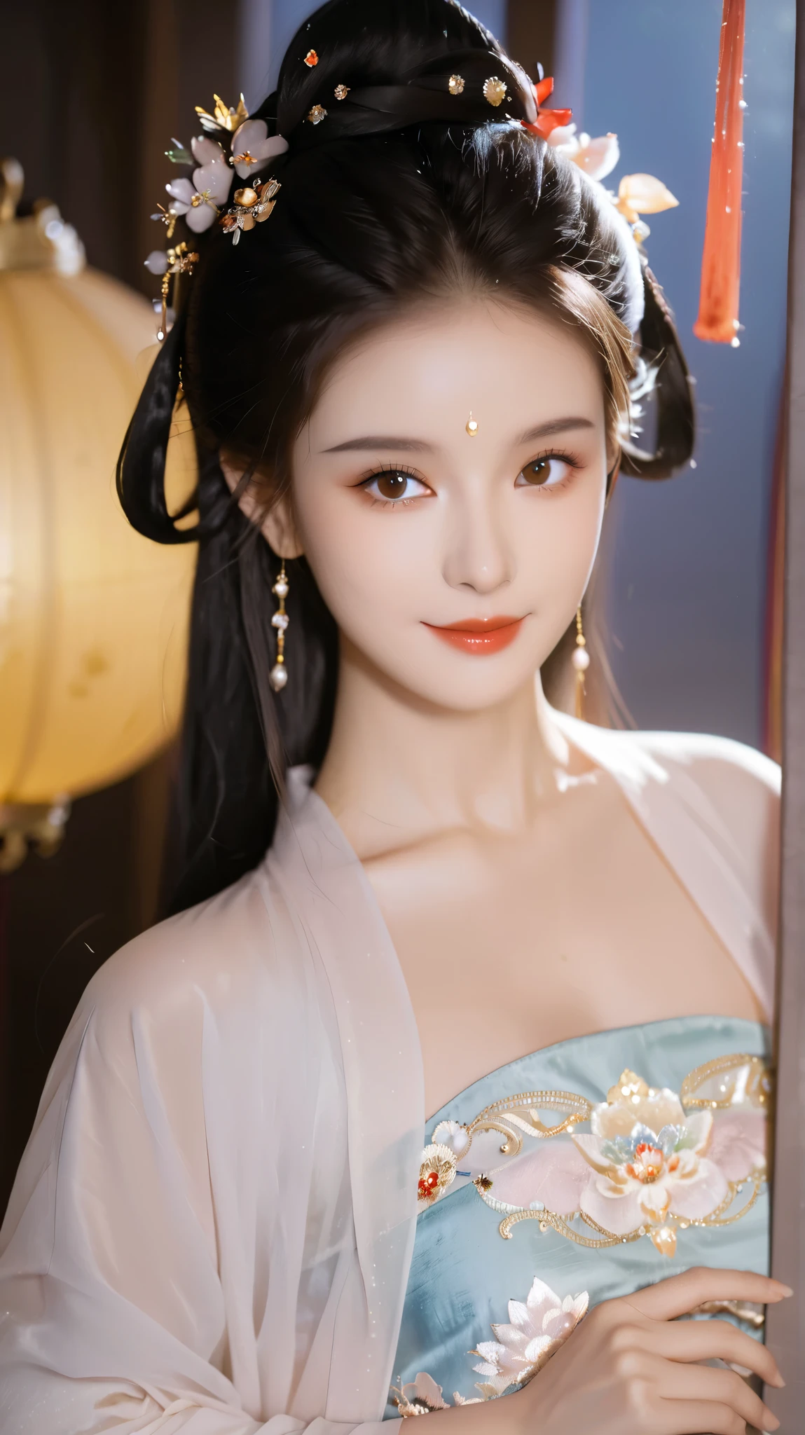 need,masterpiece, high resolution ,1 Girl,Blush Blush,( has a seductive smile:0.8),Star pupil, Chinese shoulder suction cup Red Hanfu ,Headdress,Necklace, Small Jewelry ,Beautiful Face,exist_ body, Tyndall Effect ,Realistic,Shadow Room,Light Edge , two-tone lighting ，（ highly detailed skin ：1.2），8K,  Ultra HD，SLR， softlighting ， high quality，Volumetric Lighting，Candid camera，Light Solution， high resolution ，4K，8K，Antique Break photo in the background:  A girl of about 22 years old ，Perfectcomposition， Precise and perfect human anatomy ，The golden ratio creates ，Surreality and reality。 detailed skin texture details ， White Skin， shiny skin， with creamy shiny skin ， white and red Skin 。 Exquisite depiction of facial features ，Perfect makeup， detailed depiction of the face ， flawless face 。 sweet smile ，A toothless smile。 Extremely fine depiction of hair ，Long black hair，Hair curled up，Hair，High bun， Wind Blows Her Hair 。Raised eyebrows，Long eyelashes，Double eyelids 。 affectionate eyes ， Big, bright eyes ，Sweet silkworm。High nose bridge。Thin lips，Pink lip gloss，Straight teeth。Delicate clavicle。Delicate pendant，earrings。Perfect tall figure， Integrate Everything ，Long legs and thin waist， Thin Beauty ，Can't be too thin。 Straight Chest ， medium chest 。Keep your head up and your chest out，Outlook， facing the camera，Standing。Ancient architectural background((( Chinese style new Chinese ink flower dress)))， bust photo ，Kezi，Medium-length hair， hair on shoulder， clear eyes ，Smooth hair， exquisite and perfect facial features ， Most Beautiful Big Eyes ，Long eyelashes，Sweet eyes,There are lying silkworms， dynamic angle， Extremely High Image Quality ，Highest precision，Precise and perfect human body ， master works， top quality，Medium-length hair， hair on shoulder，Tattoo，Brown hair， Double Ball Head ，  straight dress  ，earrings，Headdress，Jewel-like， Korean clothes ，make up，Light Solution（curly），双脚Standing，Upp， is open to the audience，超 high resolution ， Ultra HD， Best Quality ，弯Long eyelashes， Sparkling Lips，Break