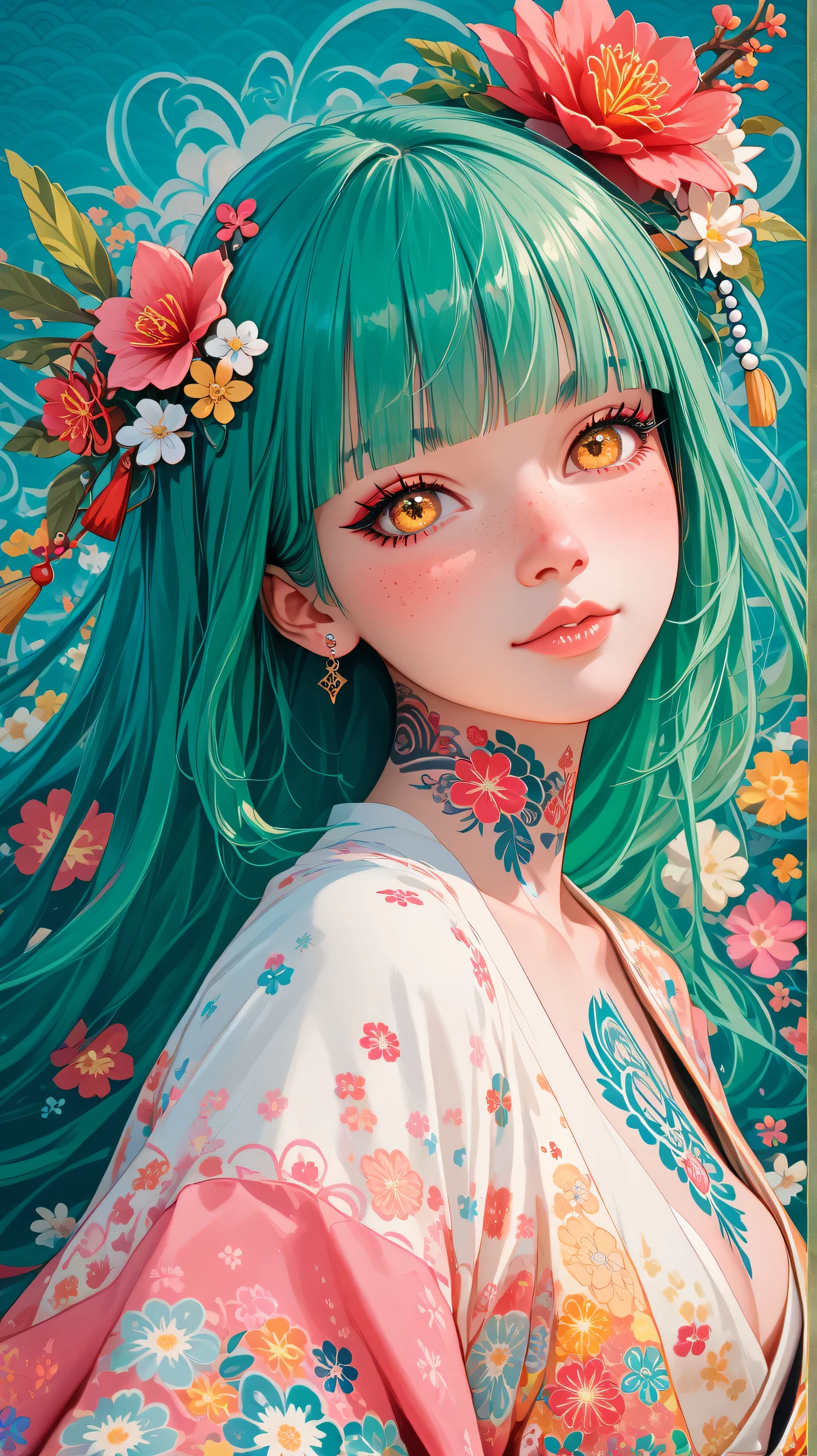 A mesmerizing surreal illustration of a young japanese woman. She has pastel green hair with blunt bangs, yellow eyes, and wears a vibrant pastel colored outfit adorned with intricate floral patterns. Freckles dot her smooth, warm complexion, and bold, colorful tattoos cover her arms and legs. The tattoos feature traditional Japanese motifs like flowers and mythical creatures, rendered with meticulous detail in a pastel color palette. The background is a vintage floral-patterned wallpaper that complements the artwork's colors. The line work is precise, with delicate shading that gives the illustration a 3D quality. The artwork fuses modern illustration techniques with traditional Japanese aesthetics, resulting in a visually striking, portrait,
