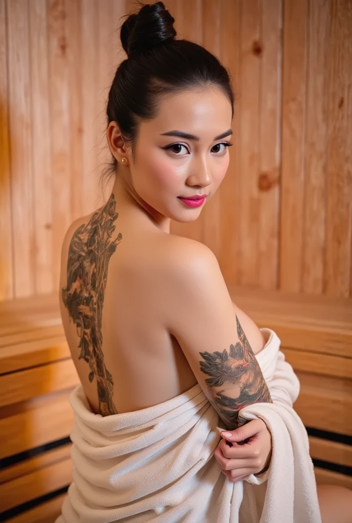 A beautiful indonesian woman, tied hair wearing towe, traditional japanese tattoo on her back and arm, in the sauna room, look back at the viewer, 