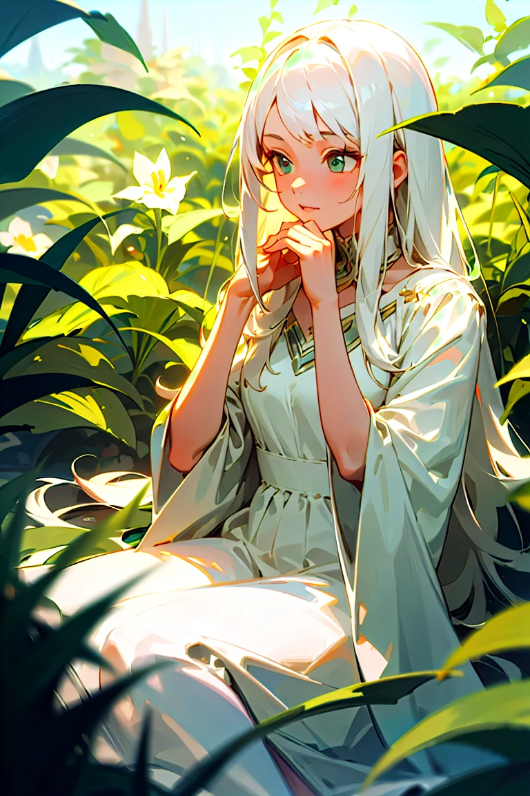 (masterpiece, best quality),1girl with long white hair sitting in a field of green plants and flowers, her hand under her chin, warm lighting, white dress, blurry foreground