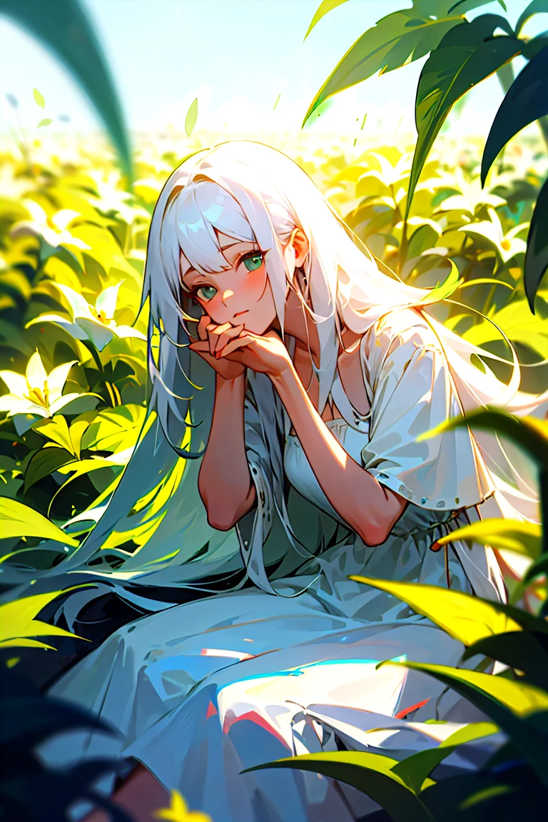 (masterpiece, best quality),1girl with long white hair sitting in a field of green plants and flowers, her hand under her chin, warm lighting, white dress, blurry foreground