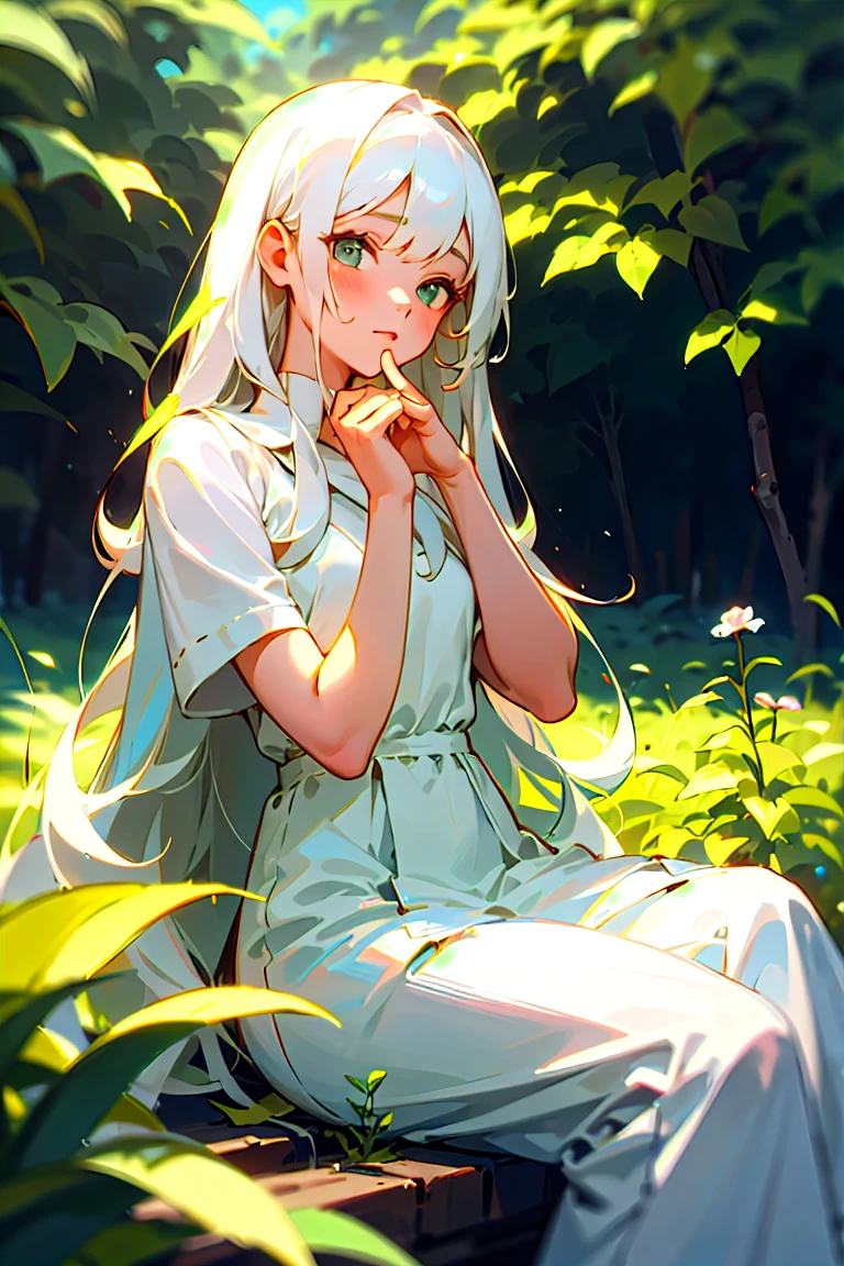 (masterpiece, best quality),1girl with long white hair sitting in a field of green plants and flowers, her hand under her chin, warm lighting, white dress, blurry foreground