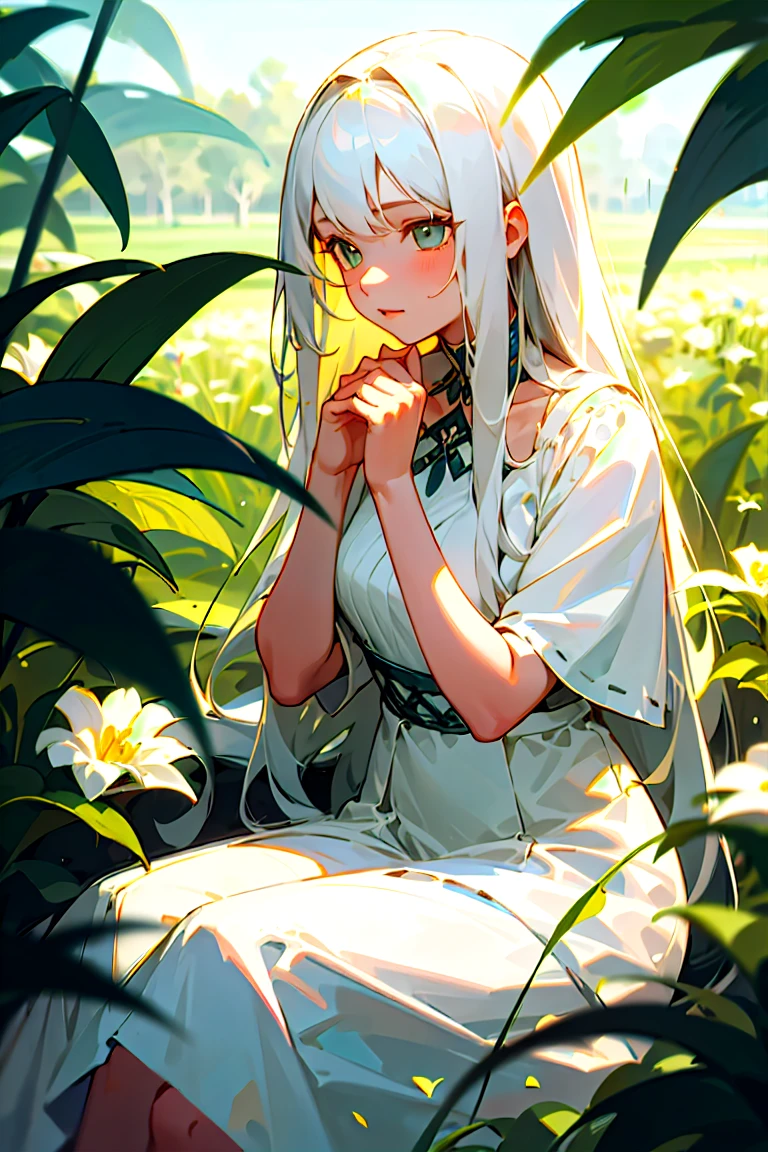 (masterpiece, best quality),1girl with long white hair sitting in a field of green plants and flowers, her hand under her chin, warm lighting, white dress, blurry foreground