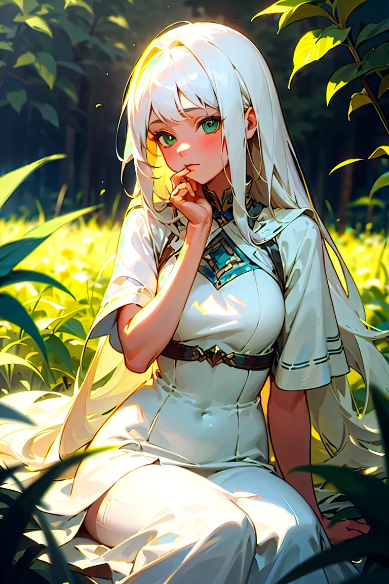 (masterpiece, best quality),1girl with long white hair sitting in a field of green plants and flowers, her hand under her chin, warm lighting, white dress, blurry foreground