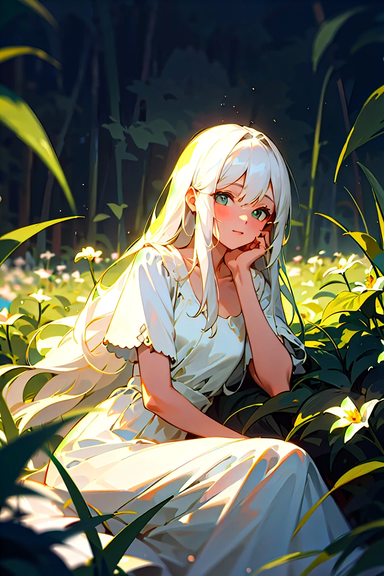 (masterpiece, best quality),1girl with long white hair sitting in a field of green plants and flowers, her hand under her chin, warm lighting, white dress, blurry foreground