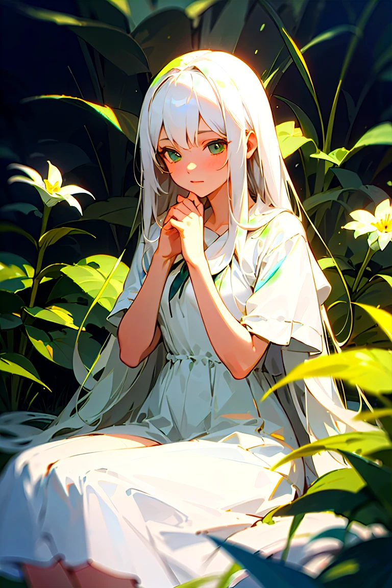 (masterpiece, best quality),1girl with long white hair sitting in a field of green plants and flowers, her hand under her chin, warm lighting, white dress, blurry foreground