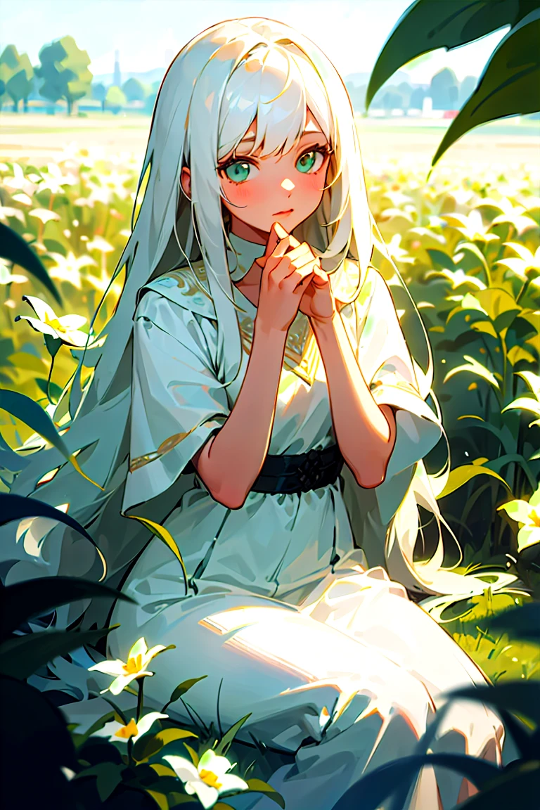 (masterpiece, best quality),1girl with long white hair sitting in a field of green plants and flowers, her hand under her chin, warm lighting, white dress, blurry foreground