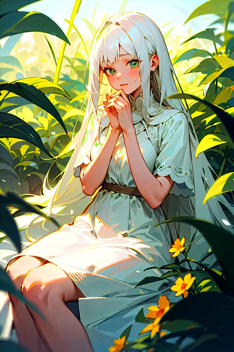 (masterpiece, best quality),1girl with long white hair sitting in a field of green plants and flowers, her hand under her chin, warm lighting, white dress, blurry foreground