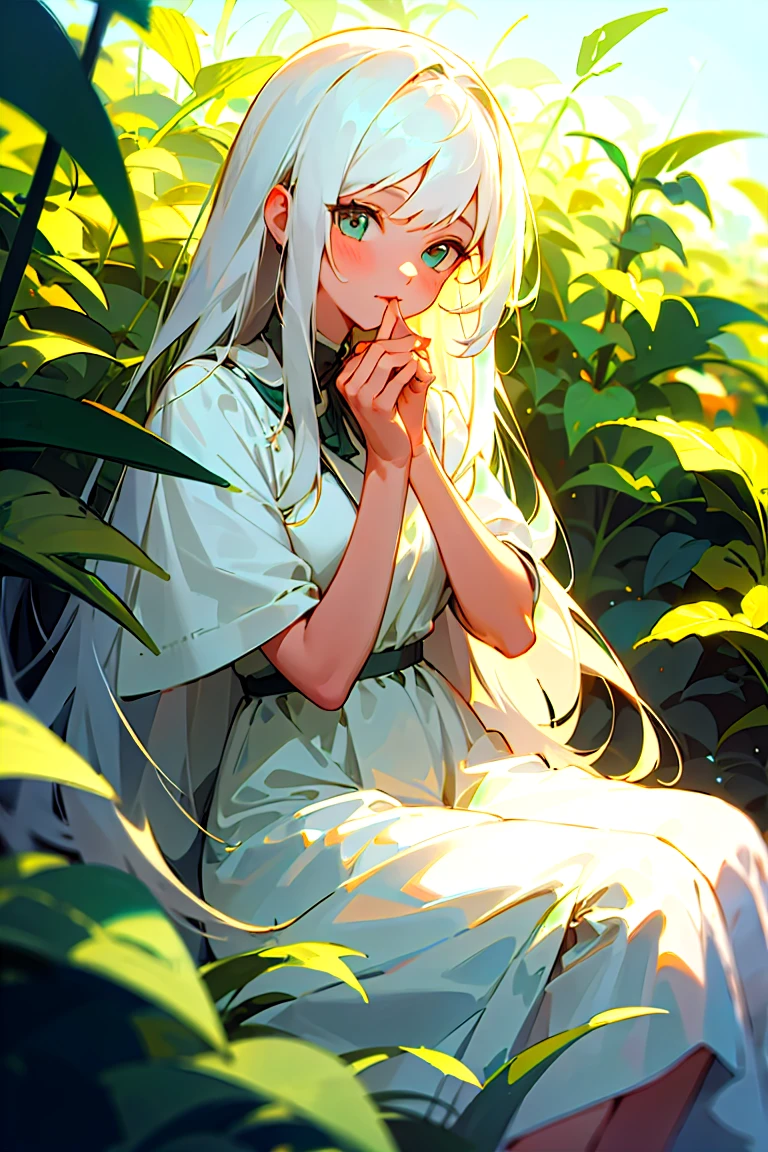 (masterpiece, best quality),1girl with long white hair sitting in a field of green plants and flowers, her hand under her chin, warm lighting, white dress, blurry foreground