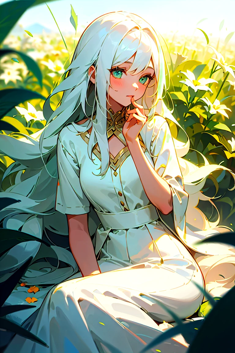 (masterpiece, best quality),1girl with long white hair sitting in a field of green plants and flowers, her hand under her chin, warm lighting, white dress, blurry foreground