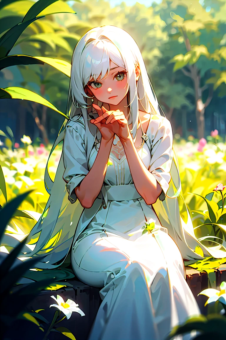 (masterpiece, best quality),1girl with long white hair sitting in a field of green plants and flowers, her hand under her chin, warm lighting, white dress, blurry foreground