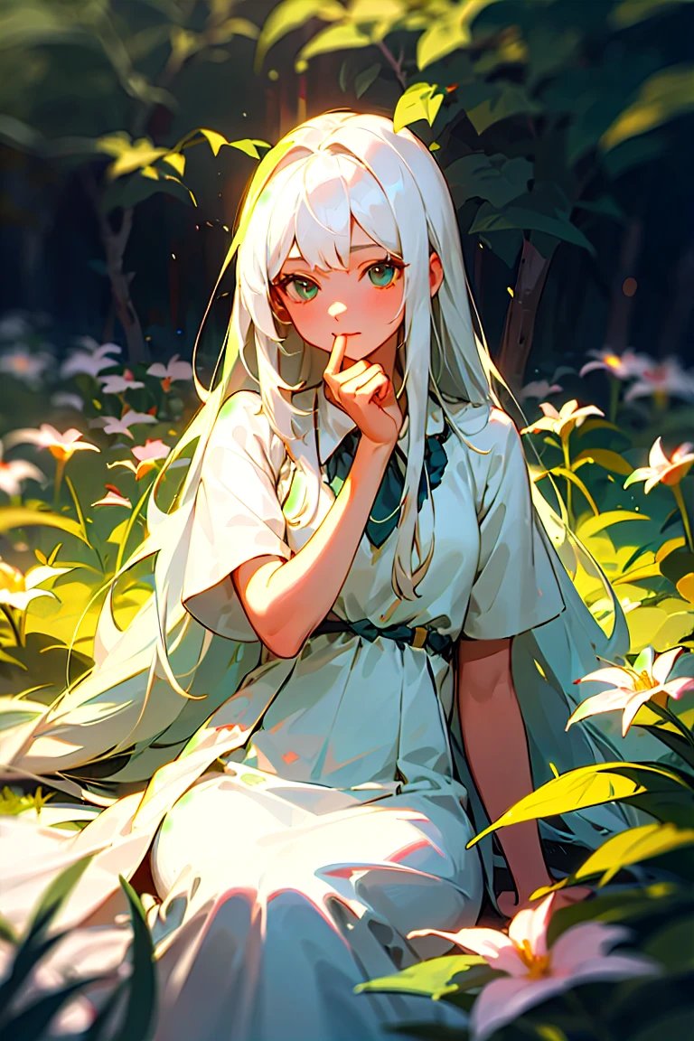 (masterpiece, best quality),1girl with long white hair sitting in a field of green plants and flowers, her hand under her chin, warm lighting, white dress, blurry foreground