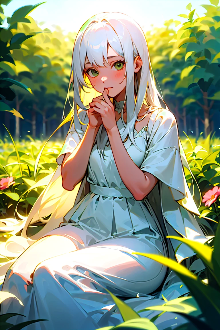 (masterpiece, best quality),1girl with long white hair sitting in a field of green plants and flowers, her hand under her chin, warm lighting, white dress, blurry foreground