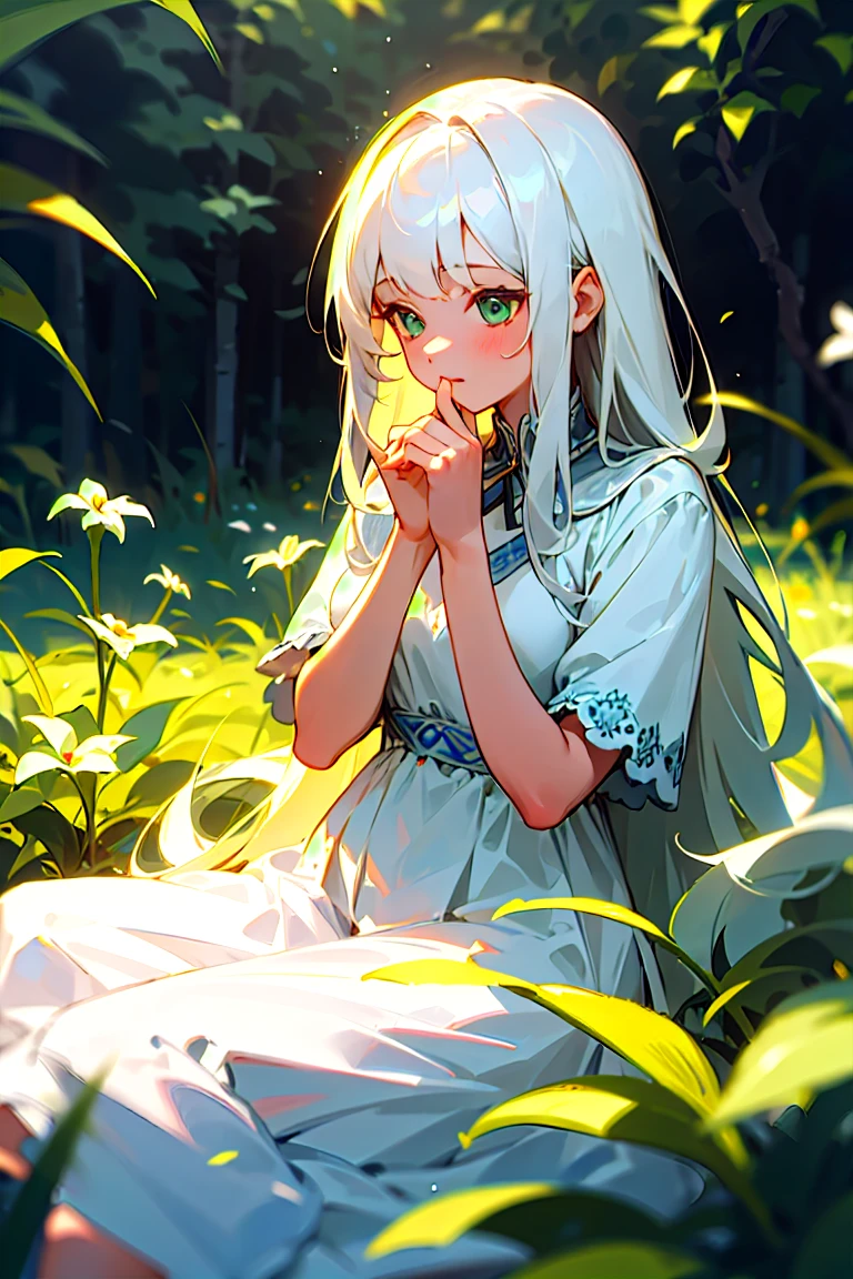 (masterpiece, best quality),1girl with long white hair sitting in a field of green plants and flowers, her hand under her chin, warm lighting, white dress, blurry foreground