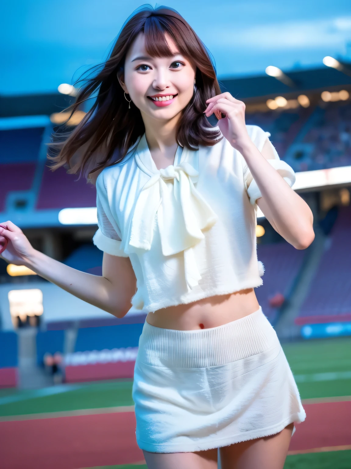 A young woman in a vibrant cheerleader costume stands out under the dazzling floodlights of a soccer stadium. Her outfit, featuring a playful design with a flared miniskirt and a bold, bright bow, sways slightly with her energetic movements. She grips blue pompoms in both hands, their metallic shine catching the light as they flutter with her enthusiasm. One leg is lifted high into the air in an impressive cheerleading pose, showcasing her athleticism and grace. The stadium roars with excitement, the night sky above providing a stark contrast to the vibrant green field below. Her radiant smile and spirited presence seem to energize both the players on the field and the crowd in the stands, embodying the electric energy of the game. White panties are visible. 20-year-old woman ( RAW photos , top quality ), ( realistic , photo- realistic :1.4), masterpiece, extremely delicate and beautiful, extremely detailed, 2k wallpaper, wonderful, Detailed description, extremely detailed CG unity 8k wallpaper, ULTRA DETAIL, high res, Soft light, beautiful detailed girl looking back, extremely detailed eyes and face, beautiful detailed nose, beautiful detailed eyes, cinematic lighting , Perfect Anatomy, slender body, (Wear a blouse ) ( Long Skirts), smile.