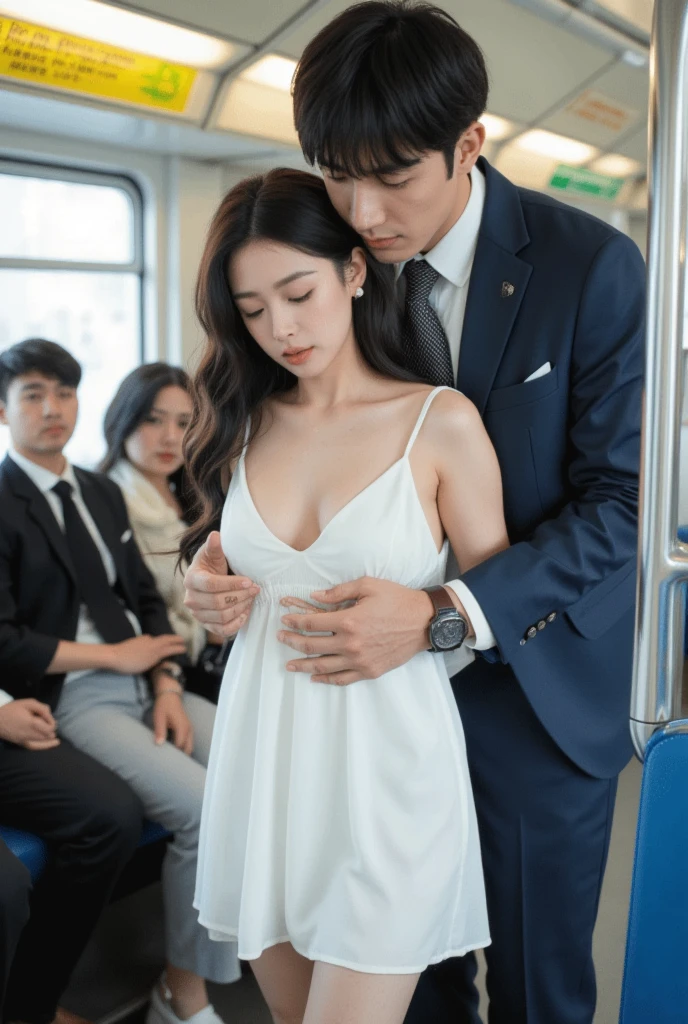 japanese men groping her in the train, while she is in loose white short white dress with bra showing including her downblouse and armpit