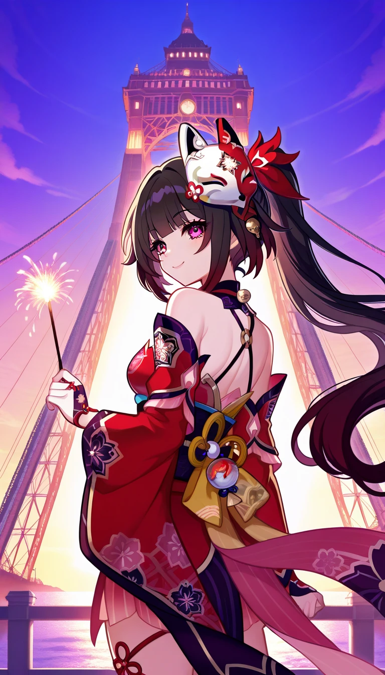 (High quality anime art), (Anime girl), ((honkaisparkle)), ((Solo)), (Hair flowing in the wind: 0.8), (mask on head, fox mask), (detailed eye), elegant, (Detailed color: 0.9), (vibrant color:0.7), (Side lighting: 0.7), holding sparklers stick down, (Tower Bridge Background), Dark night, (Aesthetic pose), (Turning back pose), Playful mood, Close up.