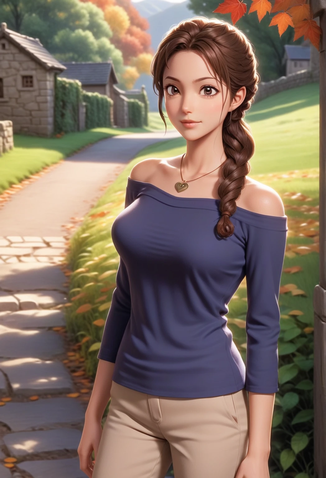 A young, light-skinned female animated character, likely in her late teens or early twenties, is depicted.  She has shoulder-length, light reddish-brown hair and a friendly expression.  Her gaze is directed slightly to her right.  She's wearing a reddish-brown, off-the-shoulder knit top, with a heart-shaped pendant necklace.  Her attire also includes light khaki-colored pants and maroon-colored, sturdy hiking boots.  She has a slim, athletic build. Arms are crossed over her chest. The character stands on a path surrounded by foliage and autumn leaves.  The background hints at a village nestled in a landscape with rolling hills, and the overall tone is a tranquil evening or dusk.  The color palette is muted, featuring deep blues, browns, and greens.  The style is reminiscent of a polished animated film, perhaps from a Disney movie. The character is positioned slightly off-center to the left within the frame, with her body angled toward the middle ground. A stone wall is visible behind her. Soft lighting emphasizes the figure. The scene suggests a peaceful autumn day, with a focus on the character's presence within the scenic environment.