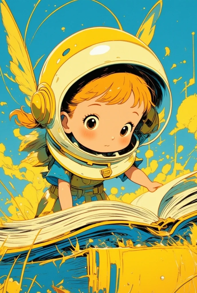  storybook illustration, A little fairy turns the pages of a thick book, Yellow and blue are the base colors , close-up view ,  close-up view ,  60's cartoon space helmet ,  closeup shot ,  full color illustration,  Additional Details ,  60's style cartoon fairy , s Picture Book Cover , Close-up,  close-up view , mid closeup , medium  closeup shot ,cartoon pop ,feathered fairy