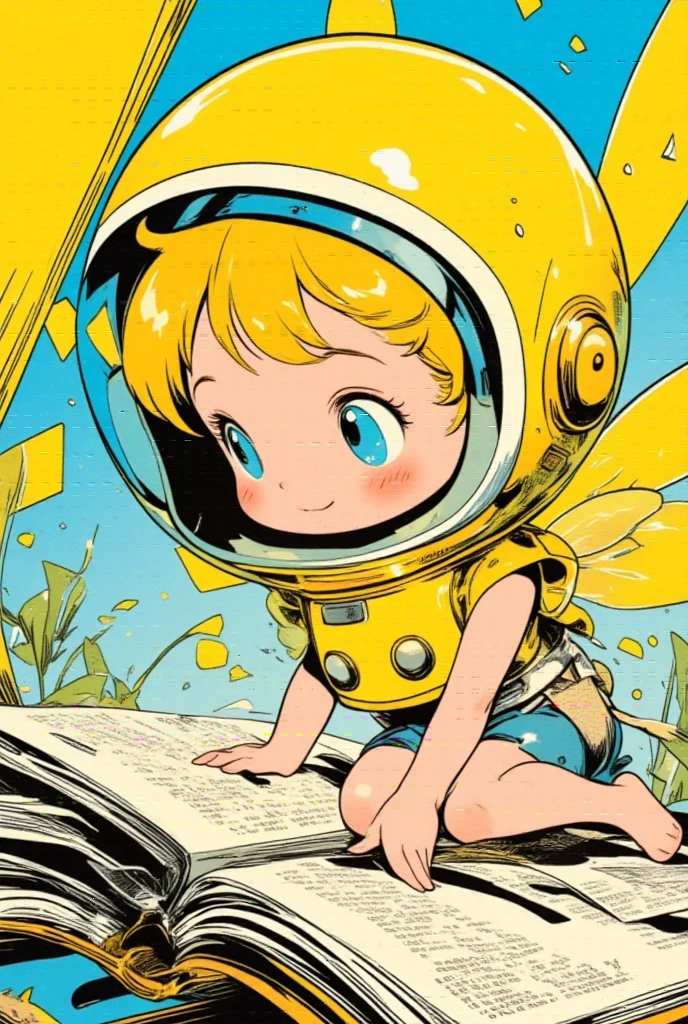  storybook illustration, A little fairy turns the pages of a thick book, Yellow and blue are the base colors , close-up view ,  close-up view ,  60's cartoon space helmet ,  closeup shot ,  full color illustration,  Additional Details ,  60's style cartoon fairy , s Picture Book Cover , Close-up,  close-up view , mid closeup , medium  closeup shot ,cartoon pop ,feathered fairy