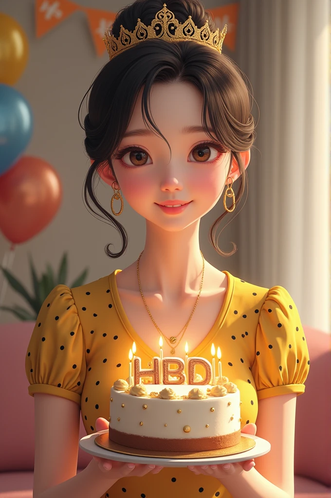 A realistic image of a fat Thai girl as a physical education teacher sitting comfortably in front of a cake. The character must be wearing a physical education teacher's outfit. The background of the image is the main theme. Write 'SUTTIDA' on the bartender cake. Make sure the text is not misspelled. His age is 30 years old.