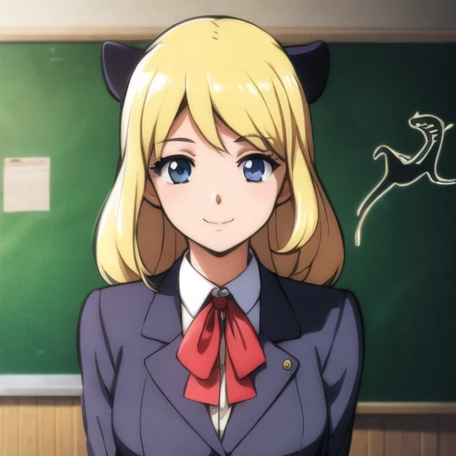   high res 、  high res 、 High image quality 、masterpiece、 one beautiful woman inside the aquarium building  、２５age、 school teacher 、 blondes、 blue eyes、Navy Suit、 school classroom、  Cute Poses 、 blackboard 、smile、(( depicting only the upper body ))、(( woman with a panther face ))