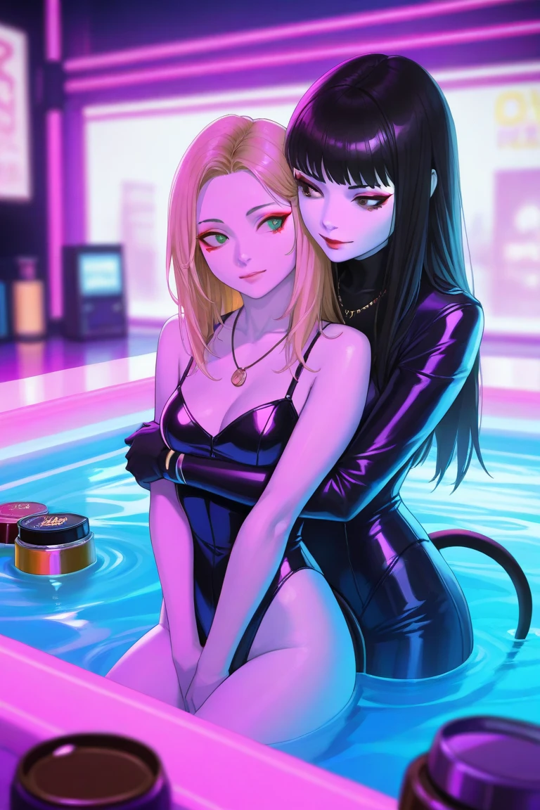 2 women hug each other,  hands above the crotch , (one woman has green eyes, white skin,  long black hair,  tail, necklace, , pomade, makeup,  eyeliner ), ( another blonde woman with brown eyes), in a neon sexy outfit, in the pool, ( cyberpunk theme ), ( masterpiece fails,  top quality, 8 k,  sharp focus,  Depth of field , best shadows, perfect lights, HDR,  Realistic skin texture ,  ultra-detailed and detailed background ),