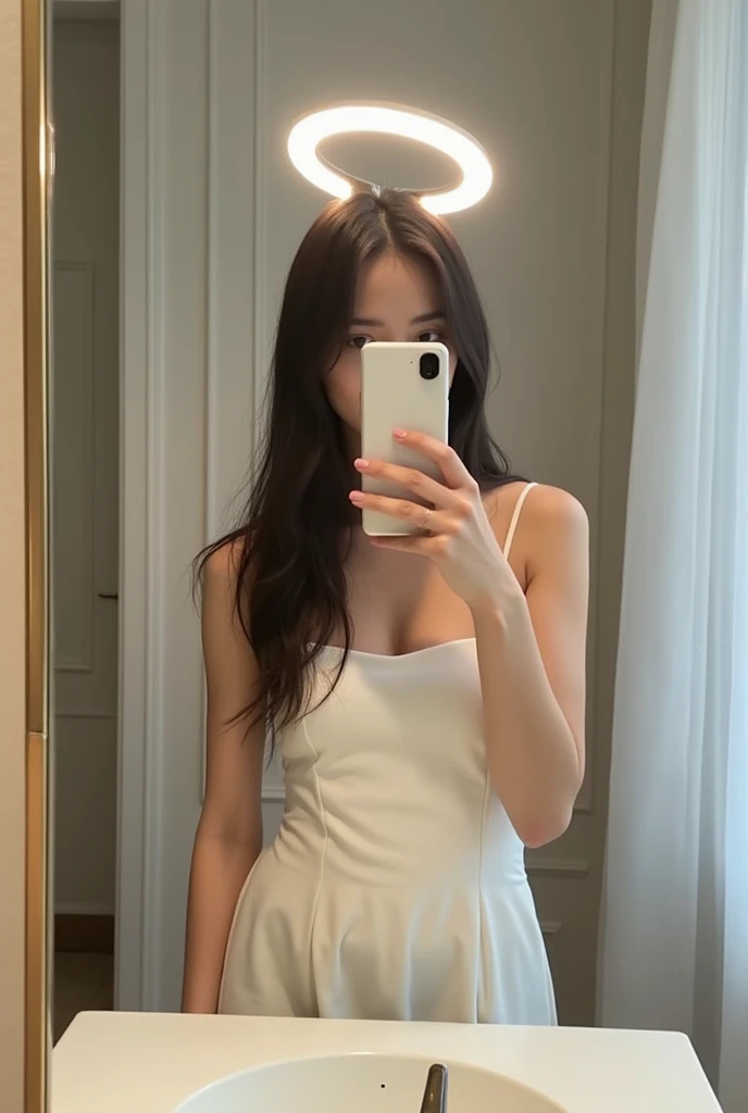there is a woman in a peach colour dress puting lipstick on her lips , standing in front of mirror, replicate the image2image, big boobs, no extra fingers,