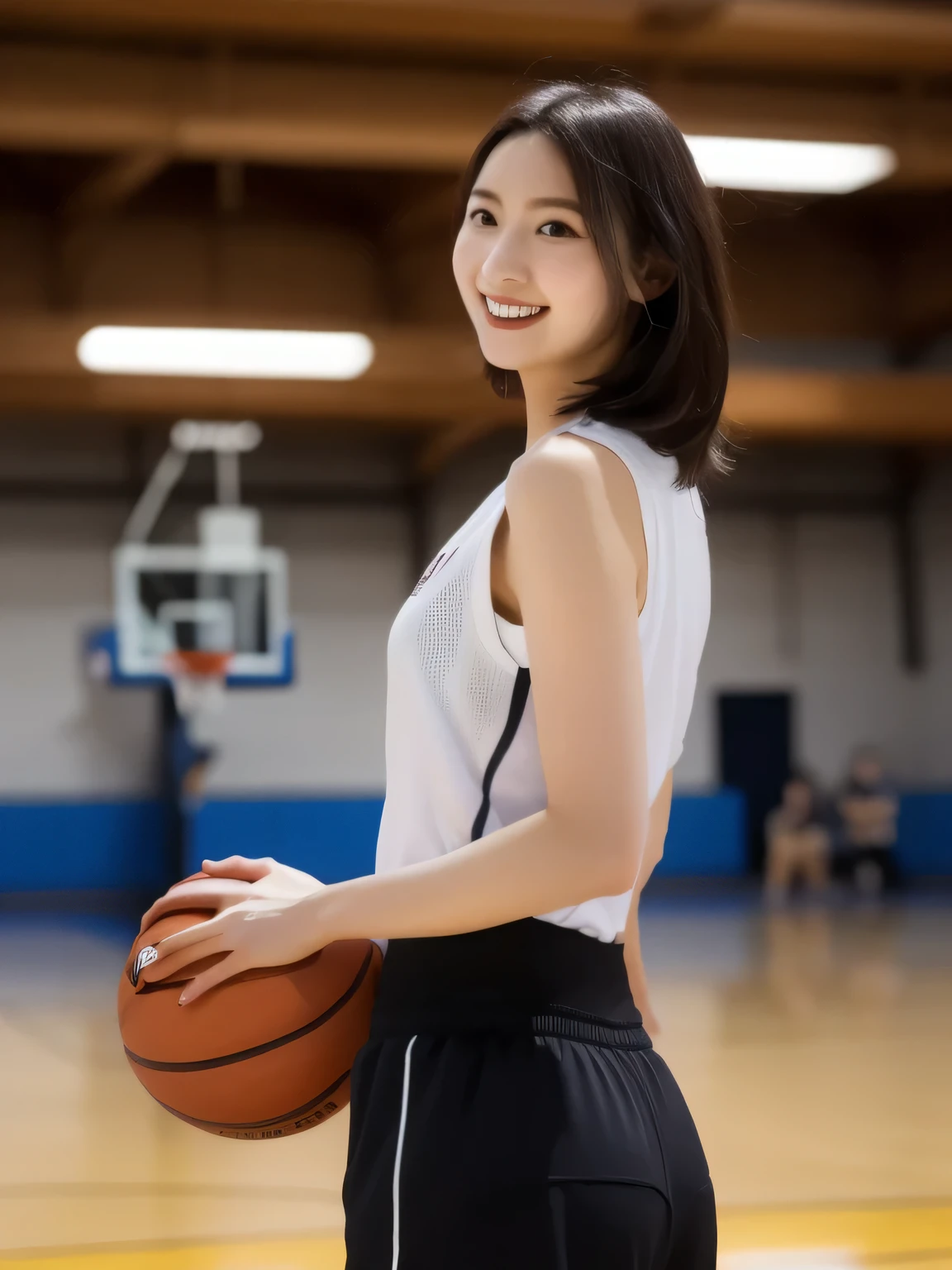 A young female basketball player executing a dynamic jump shot with precision and grace. The basketball is held firmly in both hands as she aims for the hoop, her form exuding confidence and mastery. Her slim-fit basketball uniform highlights her athletic build, while black high socks and matching sneakers provide a sleek and modern look. Her neatly braided black hair arcs through the air as she leaps, with her intense black eyes fixed firmly on the goal. The polished wooden floor of the brightly lit gymnasium reflects the action, emphasizing the energy, elegance, and competitive spirit of the moment. 20-year-old woman ( RAW photos , top quality ), ( realistic , photo- realistic :1.4), masterpiece, extremely delicate and beautiful, extremely detailed, 2k wallpaper, wonderful, Detailed description, extremely detailed CG unity 8k wallpaper, ULTRA DETAIL, high res, Soft light, beautiful detailed girl looking back, extremely detailed eyes and face, beautiful detailed nose, beautiful detailed eyes, cinematic lighting , Perfect Anatomy, slender body, (Wear a blouse ) ( Long Skirts), smile.