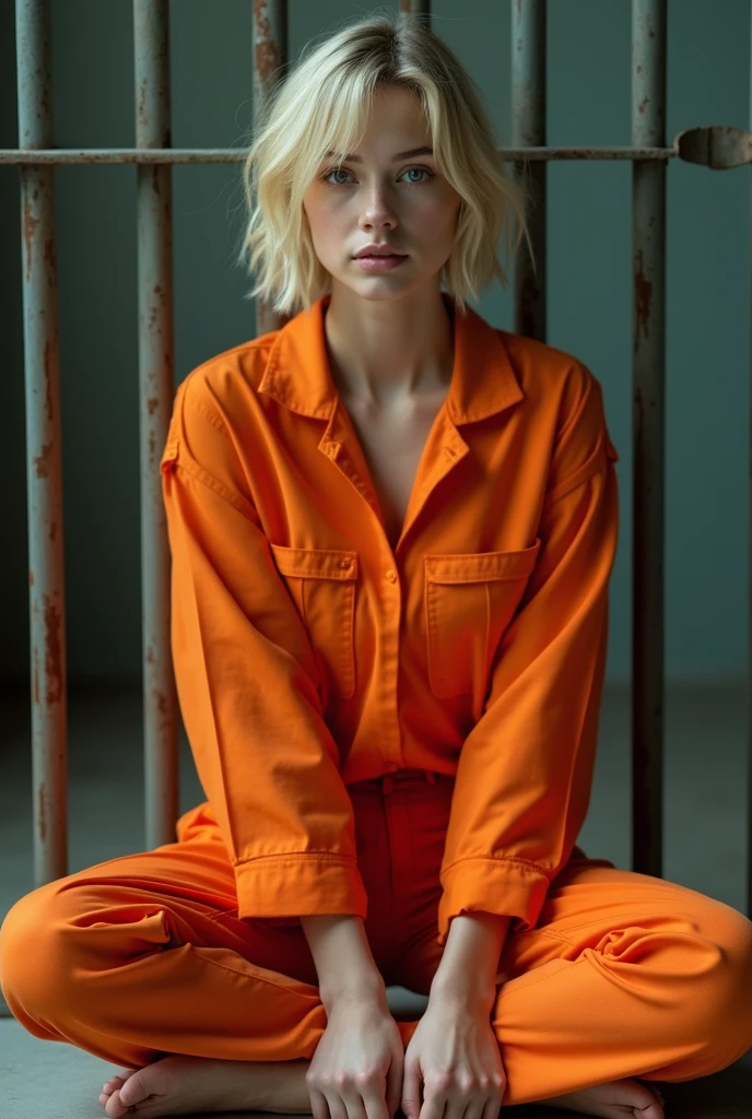 Jennifer Lawrence- Closeup view of an outdoor skinny but extremely athletic and pale emo female prisoner wearing orange prison shirt with poorly and unevenly cut sleeves. She is tied standing behind to the restraint chair in prison, one arm are in Handcuffs chained. She is in a situation where she is sits to a prison chair. She is also wearing very loose, flappy, orange prison pants, in the background prison grids, legs are defendly closed, blonde hairs, looking in the camera