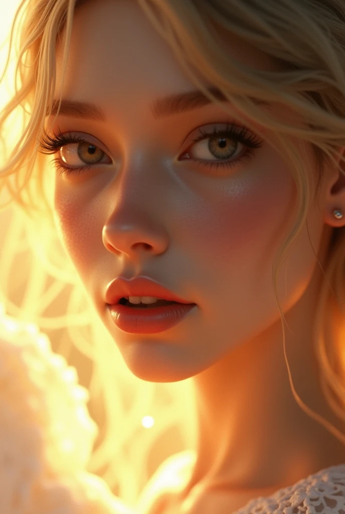 A realistic image of a female angel, details of her face close to , Warm colors