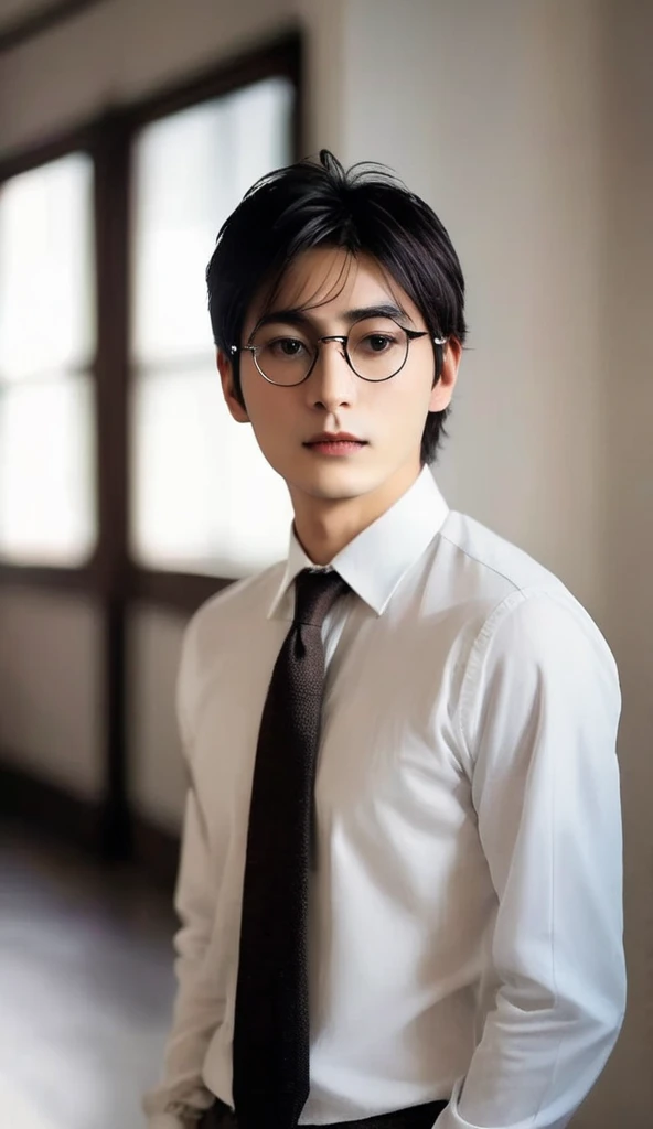 A young man with a sharp and sophisticated appearance. He has soft, fair skin and short, dark, slightly tousled hair. His face is framed by thin, round, gold-rimmed glasses that highlight his striking, almond-shaped, dark brown eyes. His expression is neutral yet exudes calm confidence. He is dressed in a formal pinstriped suit, complemented by a crisp white shirt and a neatly tied black tie. The background is softly blurred, suggesting an indoor or urban setting with diffused natural light.