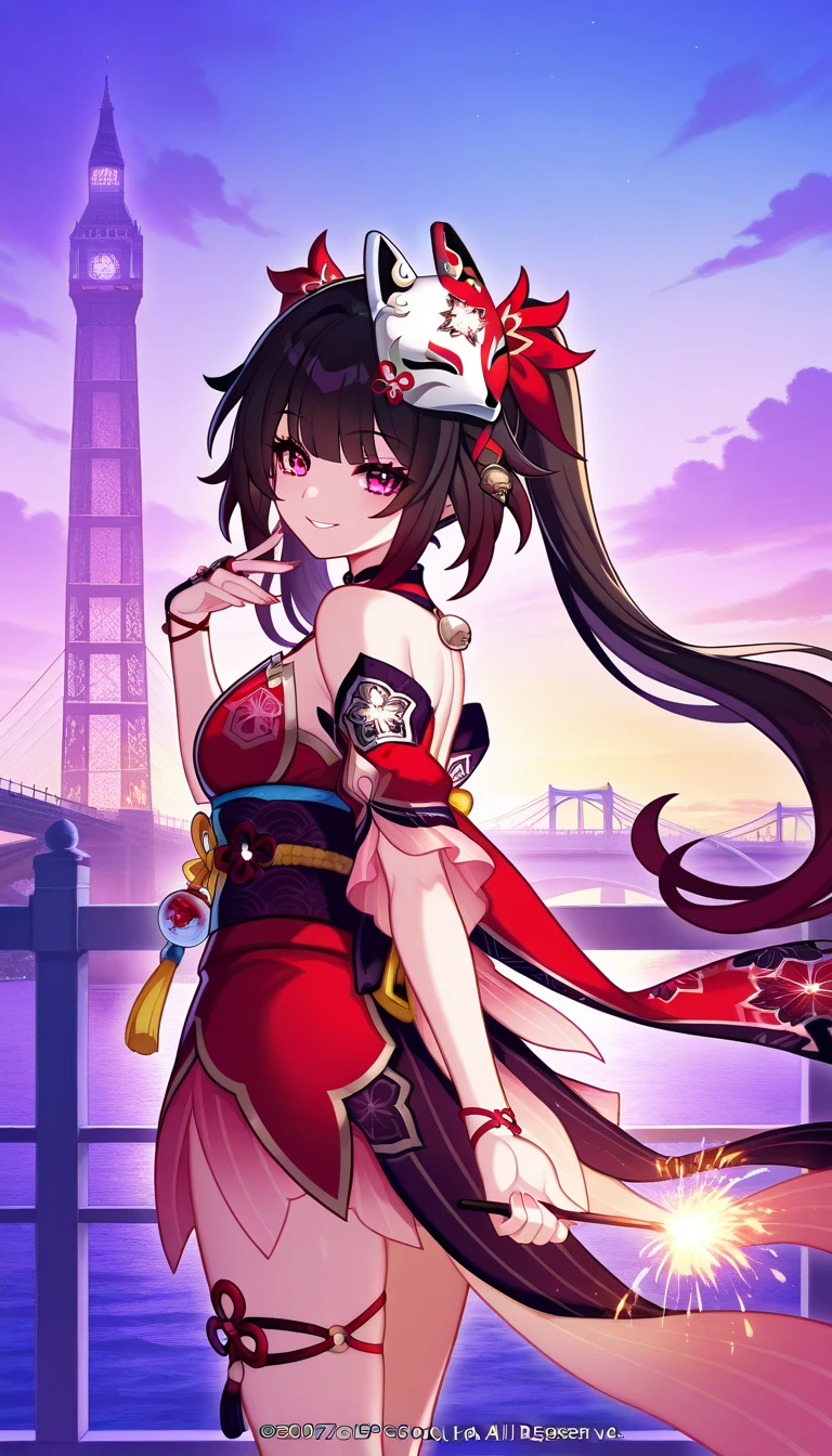 (Masterpiece), (High quality anime art), (Anime girl), ((honkaisparkle)), ((Solo)), (Hair flowing in the wind: 0.8), (mask on head, fox mask), Red eye, elegant, (Detailed color: 0.9), (vibrant color:0.7), (Cinematic lighting: 0.9) (Side lighting: 0.7), holding sparklers stick down, (Tower Bridge Background), Dark night, (Aesthetic pose), (Turning back pose), Playful mood, Grinning, Close up.