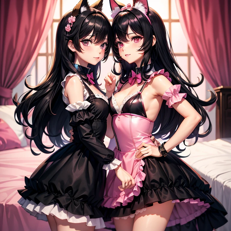 girls kiss in bed, (the first girl has long black hair, blue eyes, cat ears, black horns, succubus wings) (the second girl has long pink hair, pink eyes, cat ears), the highest quality of the master's masterpiece with high resolution, high detail, on a beautiful cute crib, I sleep with my eyes closed, Midnight, Clothes are disheveled.、They kiss.、Erotic